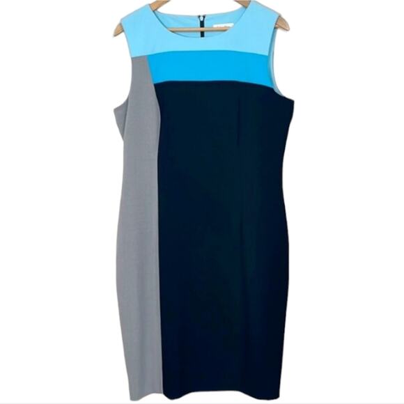 Calvin Klein Color Block Sleeveless Sheath Dress Blue Gray Career Academia Sz 12 - Picture 3 of 10